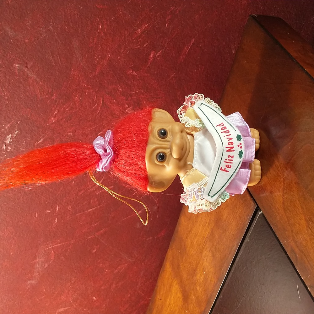 Vintage 80's 3" Russ Feliz Navidad Troll Doll Ornament w/Banner Red Hair